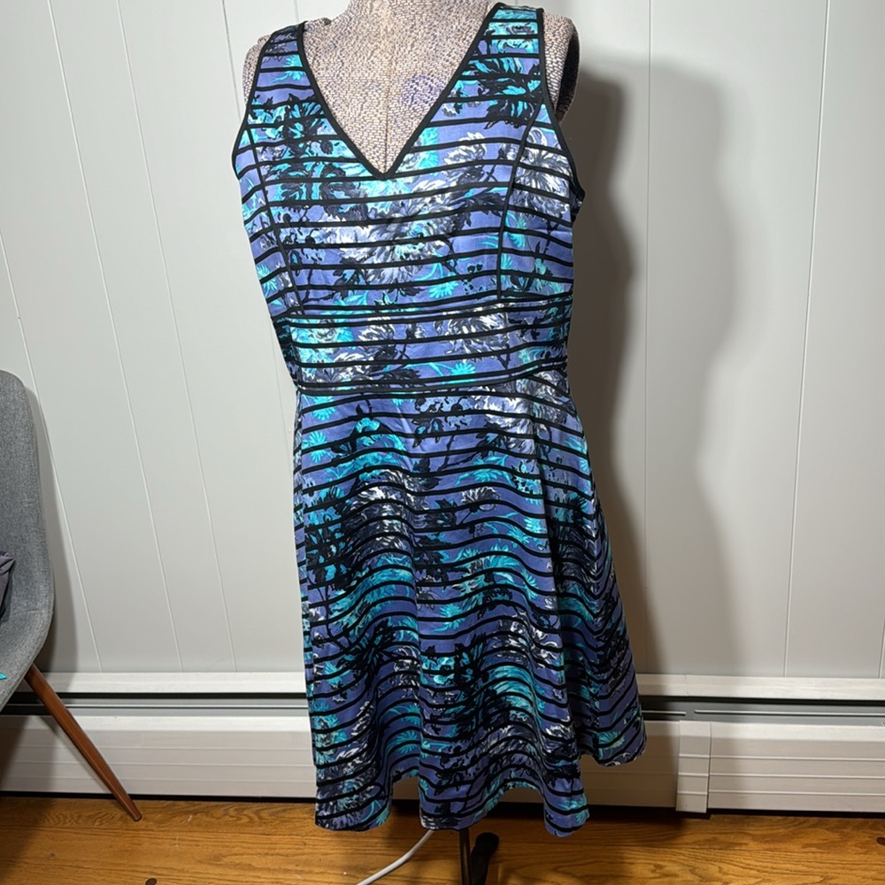LOFT NWT Womens 14 Sleeveless Dress Black Stripe Floral Lined V-Neck